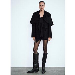 NWT Zara black oversized wool blend scarf accent blazer jacket, XS-S